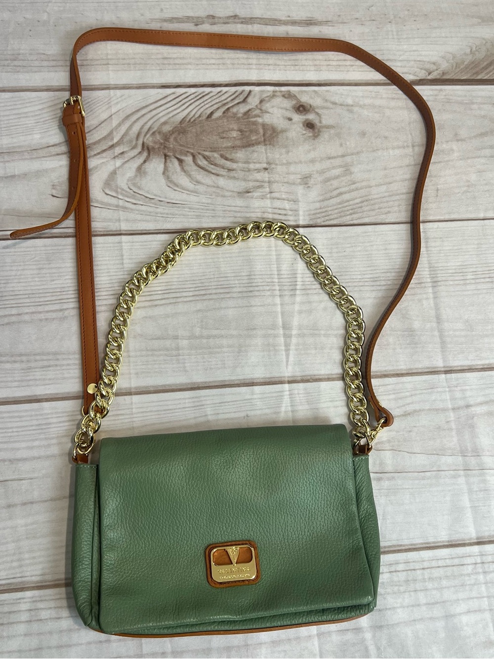 Vintage Valentina Green Leather Crossbody Shoulder Bag with Gold Chain